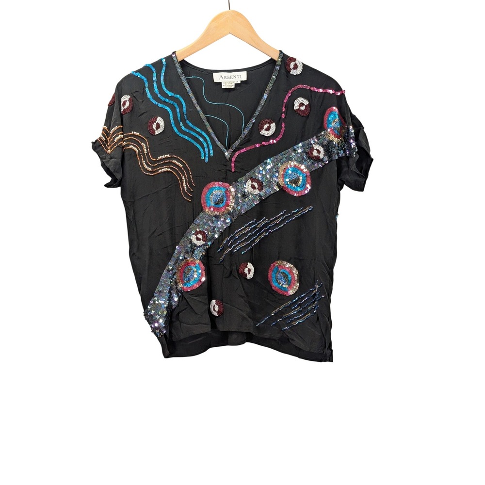 Silk Beaded Sequin Top Black Multicolor V Neck Short Sleeve Argenti M